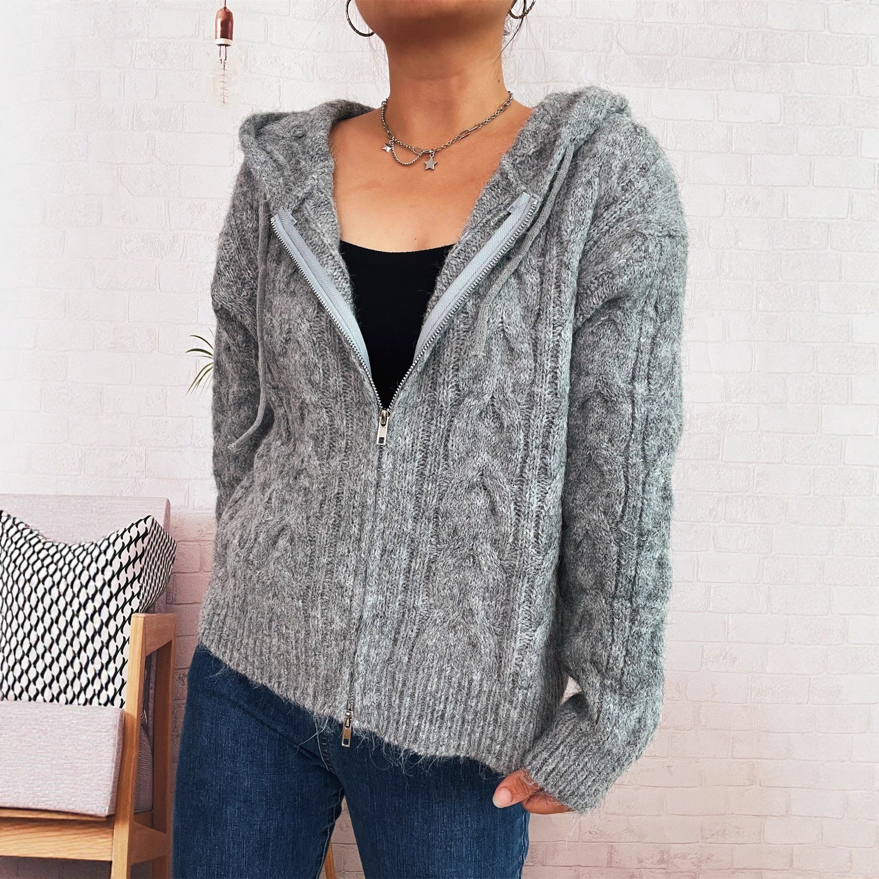 Damen Zip-Hoodie Gestreift Weich Kapuze Eveloria - Eveloria