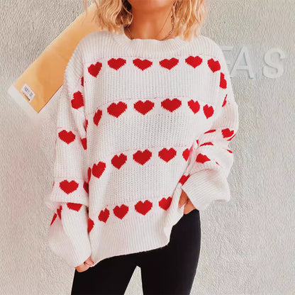 Damen Pullover Romantisches Herzmuster Kuschelfleece