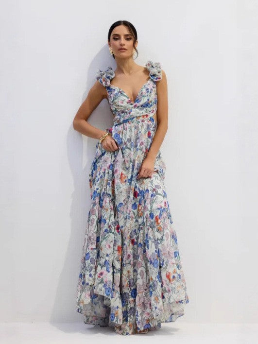 Damen Maxikleid Floralmuster Rüschen