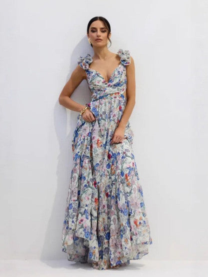 Damen Maxikleid Floralmuster Rüschen