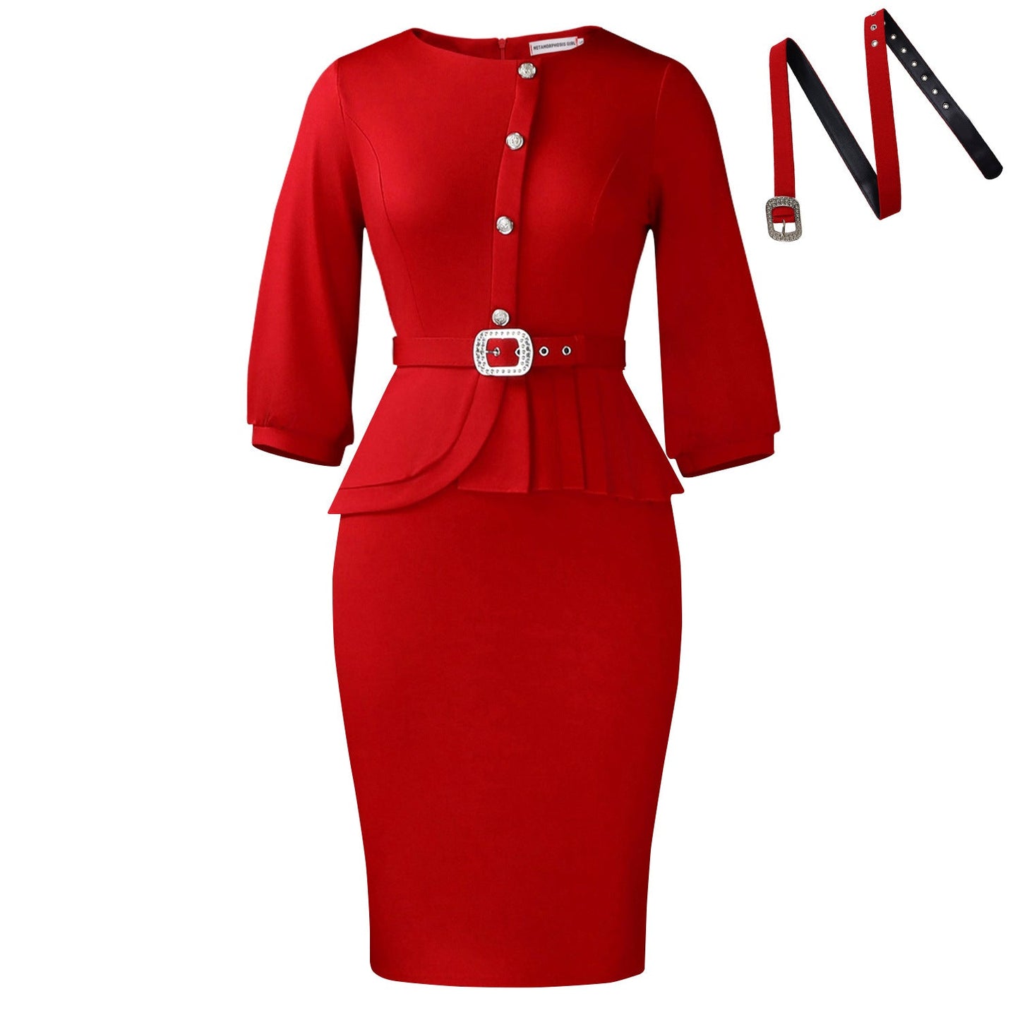 Damen Etuikleid Taillierter Gürtel Peplum Saum Eveloria