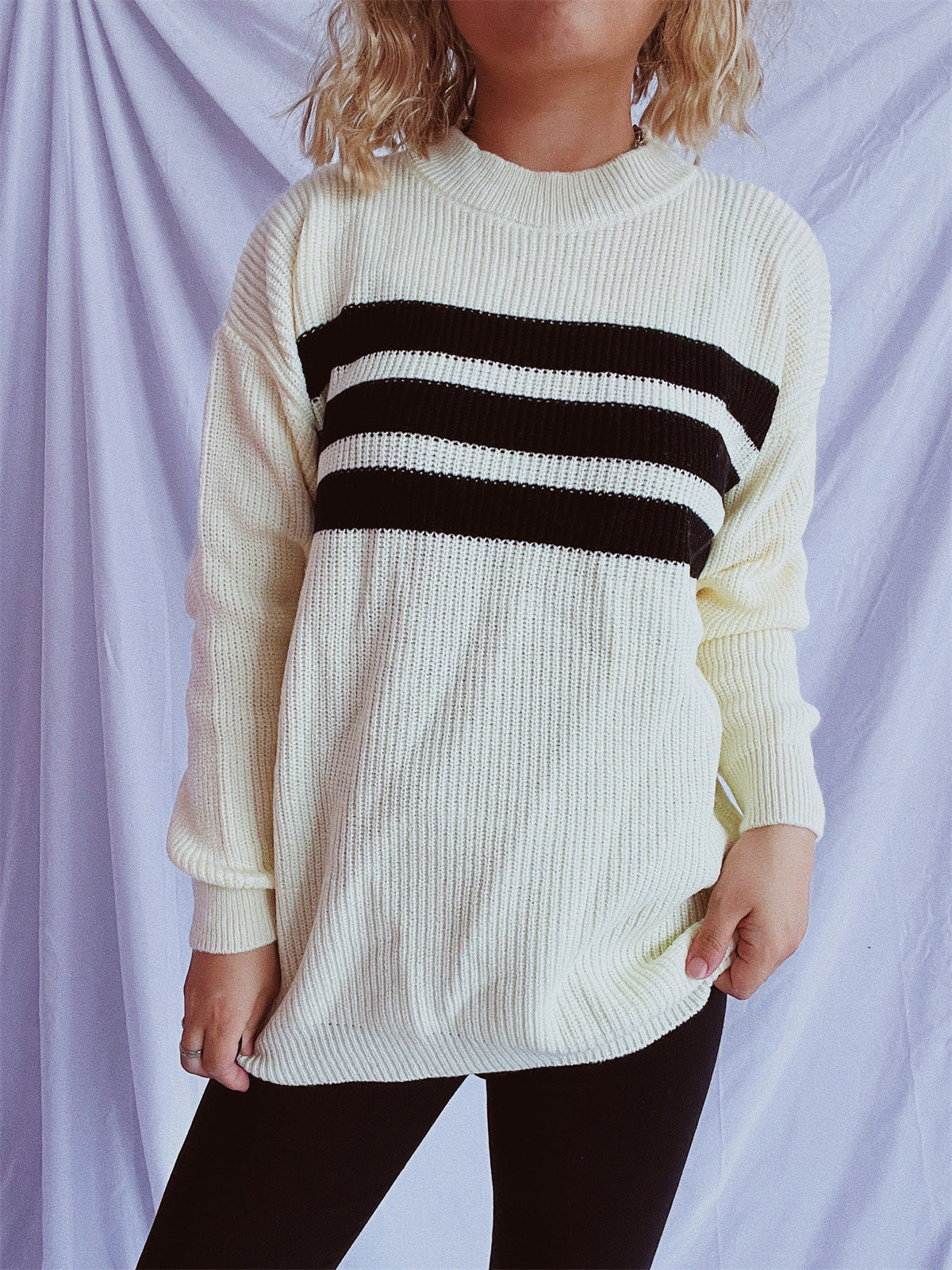 Damen Strickpullover Oversized Horizontalstreifen Beige