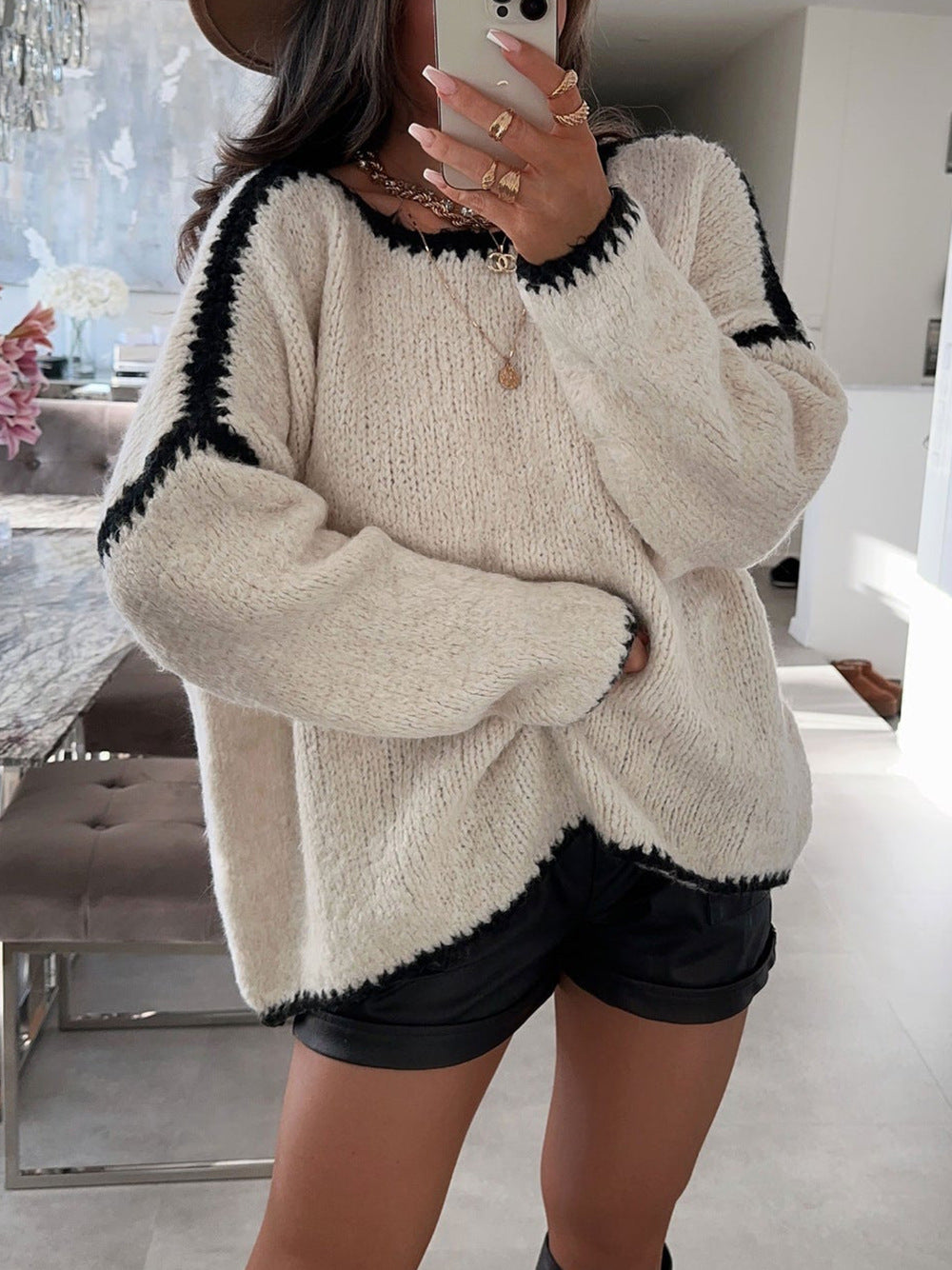 Damen Oversized Strickpullover KontrastAkzente
