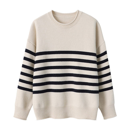 Damen Pullover Gestreift Rundhals Feinestricks weiß