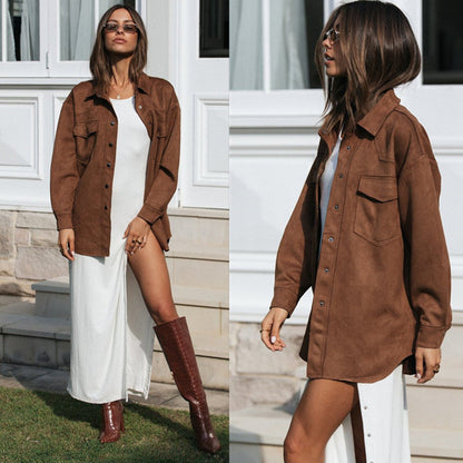 Damen Oversized Oberhemd Wildlederimitat Weich Beige - Eveloria