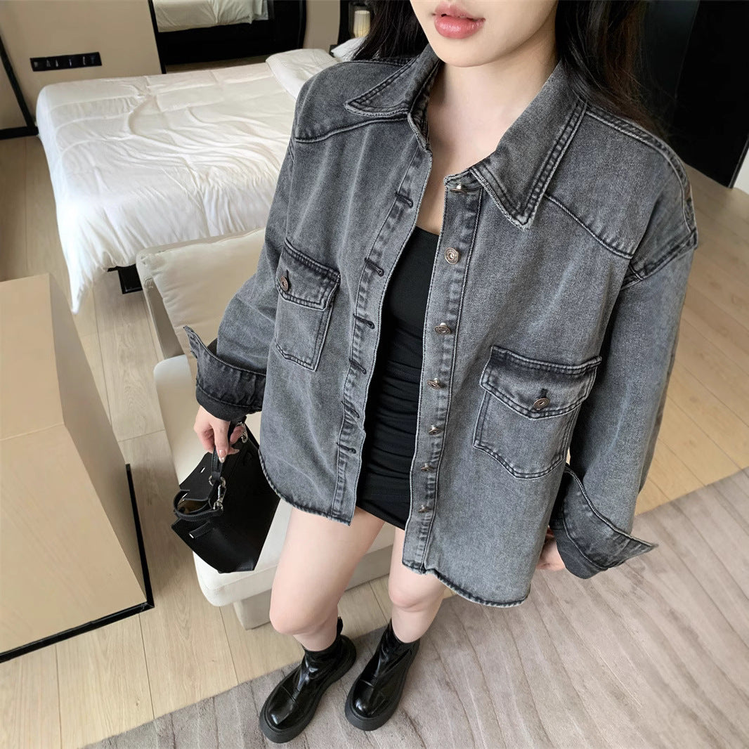 Damen Denim-Hemdjacke Lässig mit großen Taschen Blau Eveloria