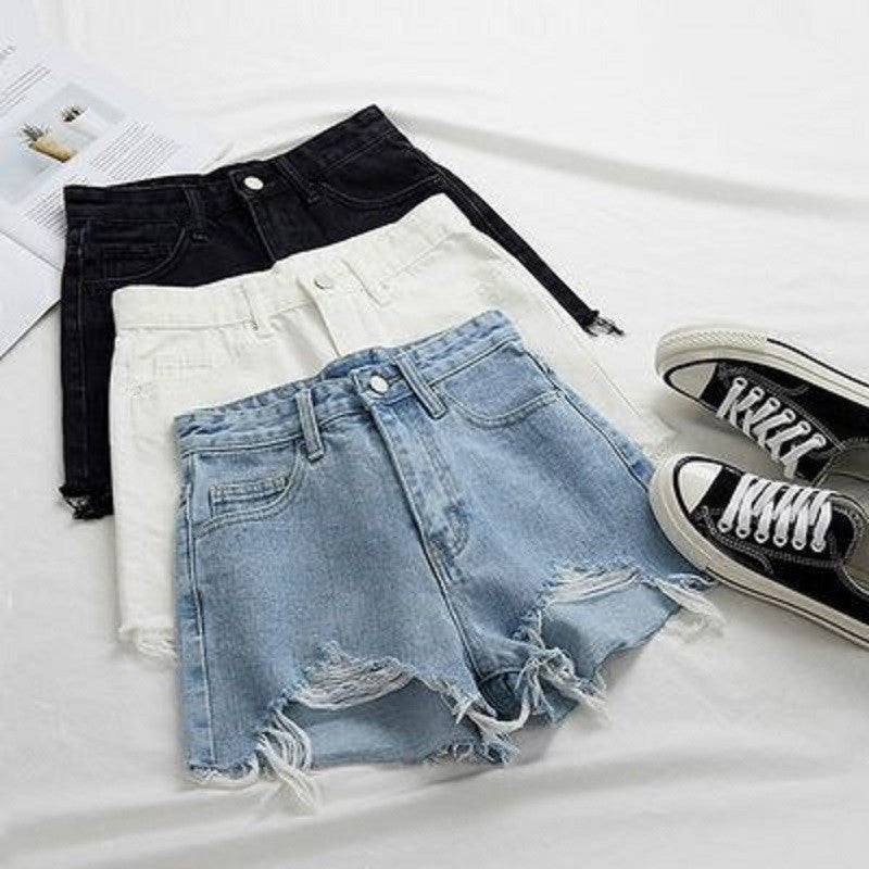 Damen Highwaist Destroyed Denim Shorts mit Fransensaum - Eveloria