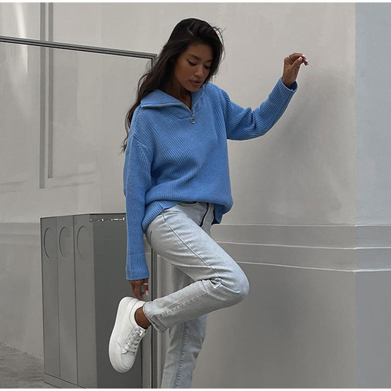 Damen Strickpullover Oversized mit Reißverschluss und Stehkragen