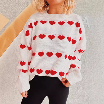 Damen Pullover Romantisches Herzmuster Kuschelfleece