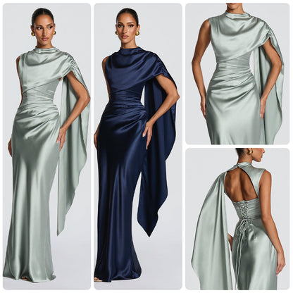 Damen Maxikleid Asymmetrisch Satin Elegant Schwarz - Eveloria