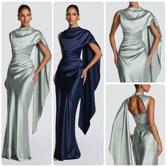 Damen Maxikleid Asymmetrisch Satin Elegant Schwarz - Eveloria
