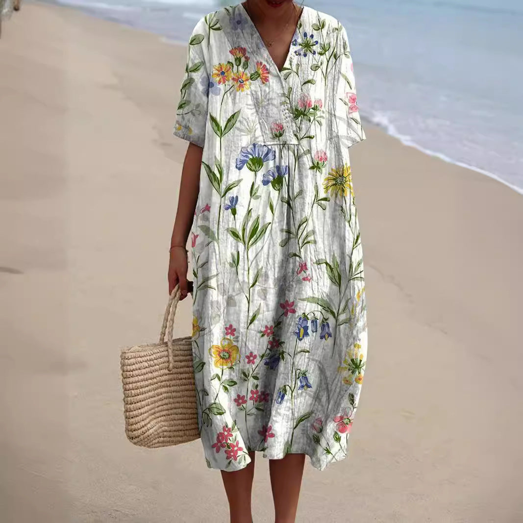 Damen Sommerkleid Blumenmuster V-Ausschnitt Midi