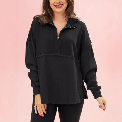 Damen Pullover Halbzipper Voluminöse Ärmel Grau Eveloria