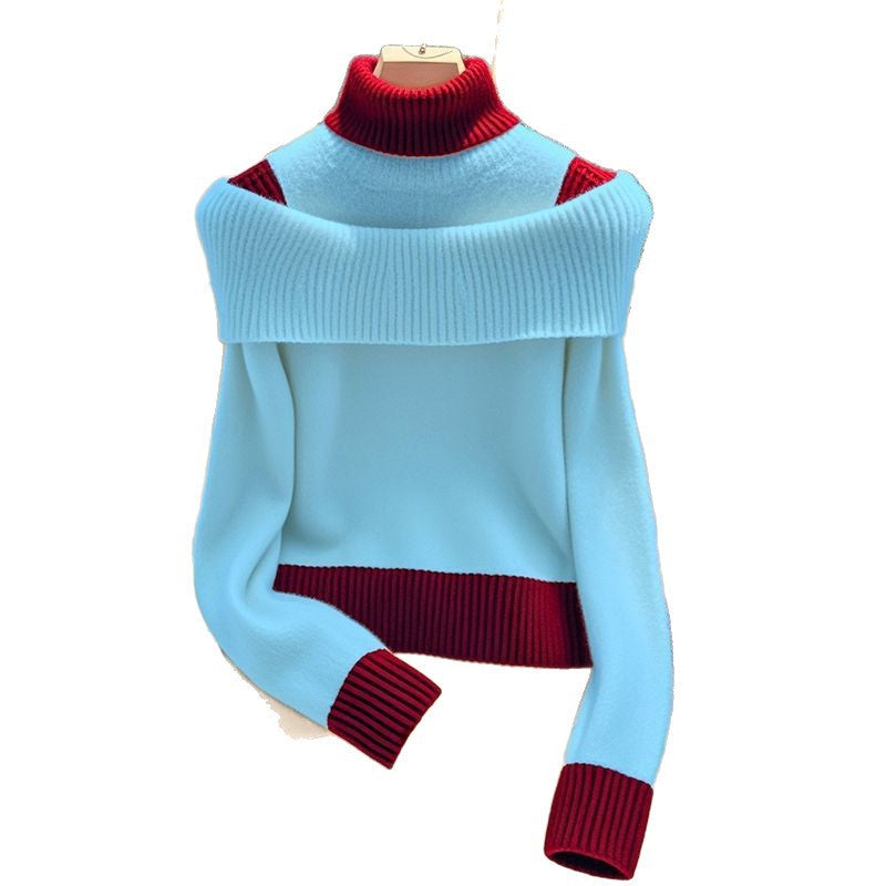 Damen Pullover Weit Stehkragen Dekorativer Farbkontrast Eveloria