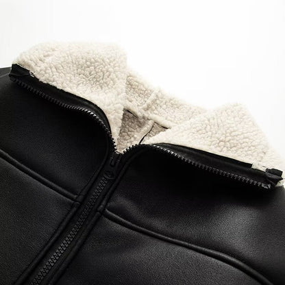 Damen Kunstlederjacke Teddyfutter Warm Eveloria