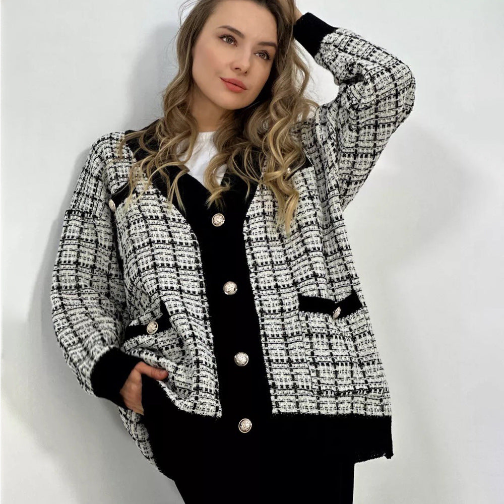 Damen Strickjacke Karomuster Mit Taschen Schwarz - Eveloria