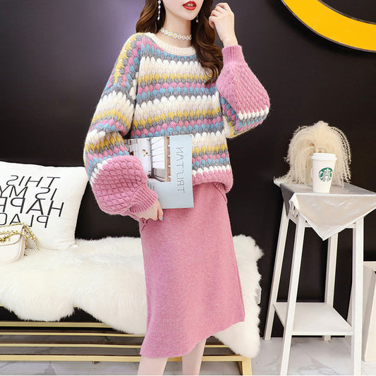 Damen Strickpullover Bunt Blockmuster Voluminöse Ärmel Eveloria - Eveloria