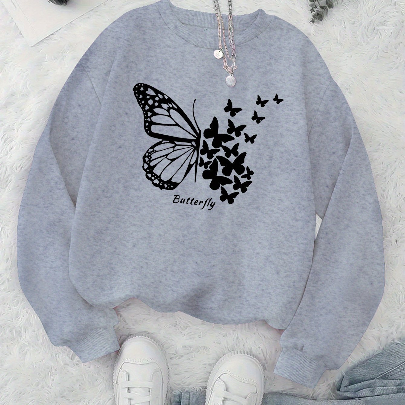 Damen Sweatshirt Schmetterlingsmotiv Lässiger Schnitt Grau Eveloria
