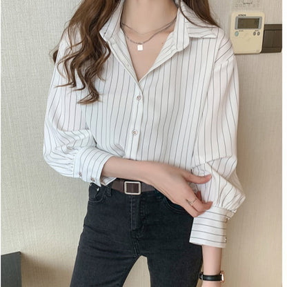 Damen Bluse Streifenmuster Modern Knöpfe Eveloria