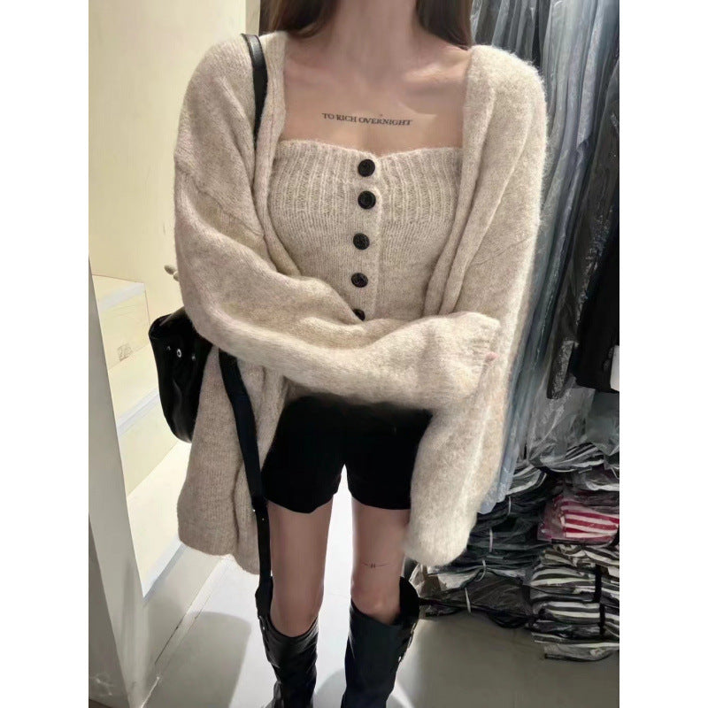 Damen Strickjacke Weites Modell Mit Knöpfen Beige