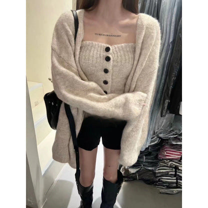 Damen Strickjacke Weites Modell Mit Knöpfen Beige