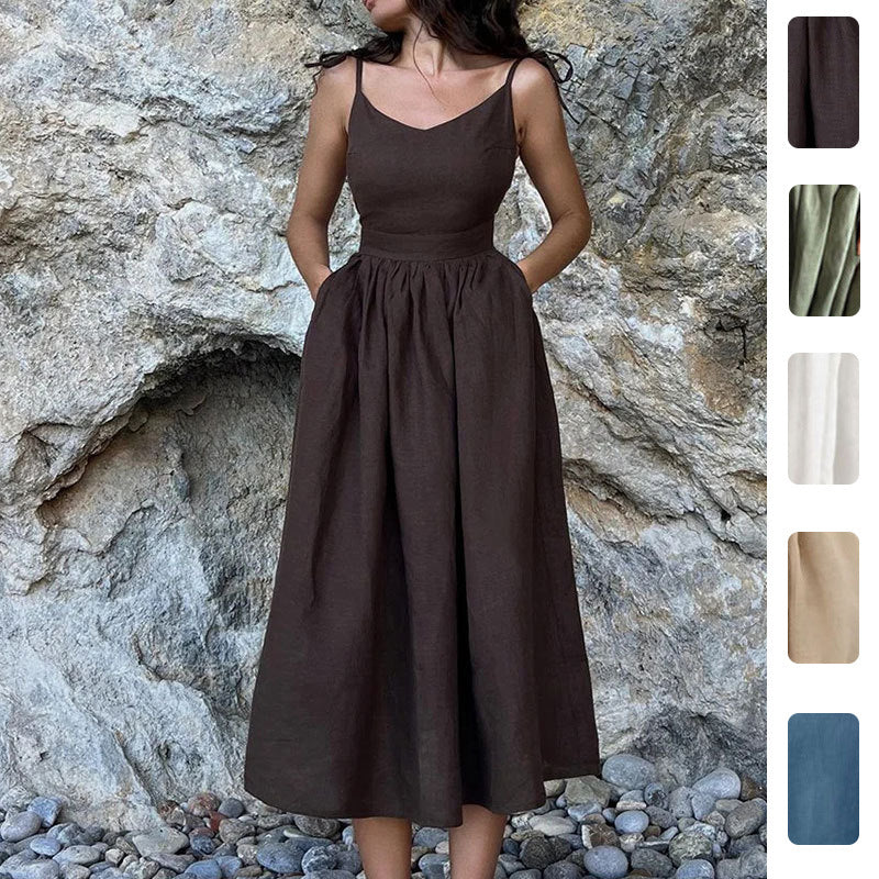 Damen Leinenkleid Lang V-Ausschnitt Tailliert Beige - Eveloria