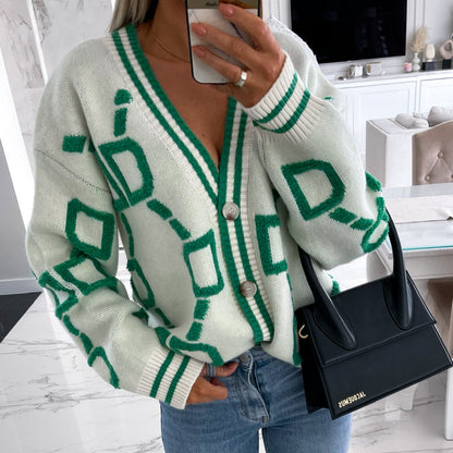 Damen Cardigan Gemustert Knopfverschluss Weite Ärmel Eveloria