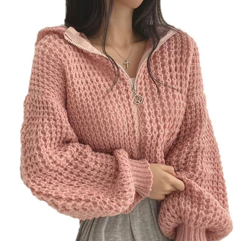 Damen Strickjacke Lässiger Reißverschluss Voluminöse Ärmel Eveloria
