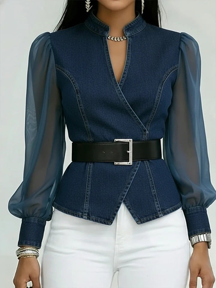 Damen Jeansbluse Tailliert Transparente Ärmel Blau
