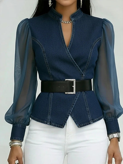 Damen Jeansbluse Tailliert Transparente Ärmel Blau