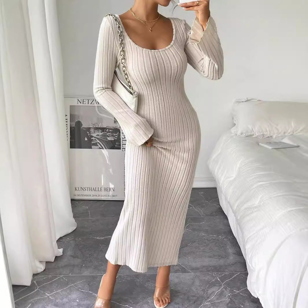 Damen Langarm Strickkleid Rundhalsausschnitt Figurbetonend Schwarz - Eveloria
