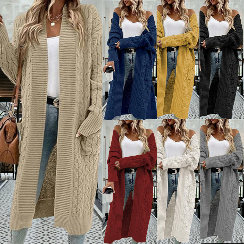 Damen Cardigan Grobstrick Offenes Design Mit Taschen Beige - Eveloria