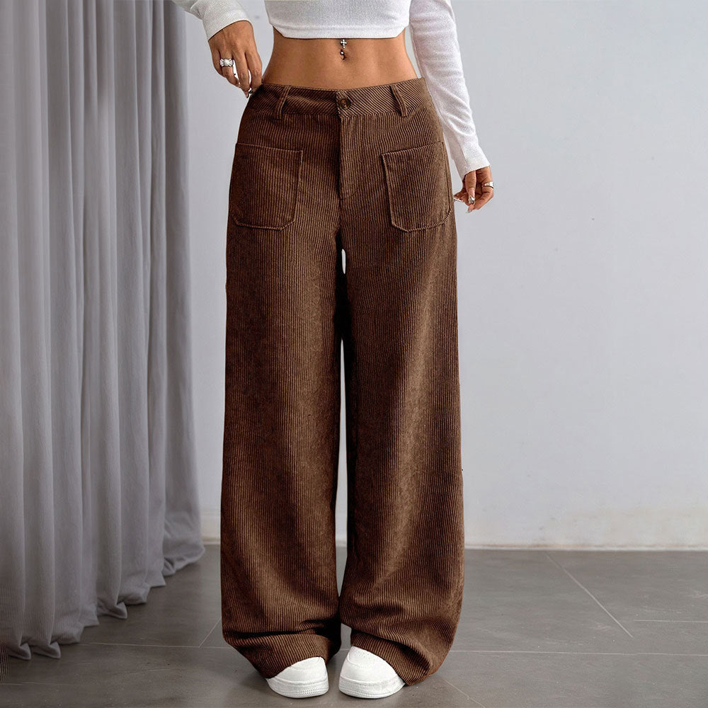 Damen Cordhose Weite Mit Taschen Hoher Bund Schwarz Eveloria - Eveloria