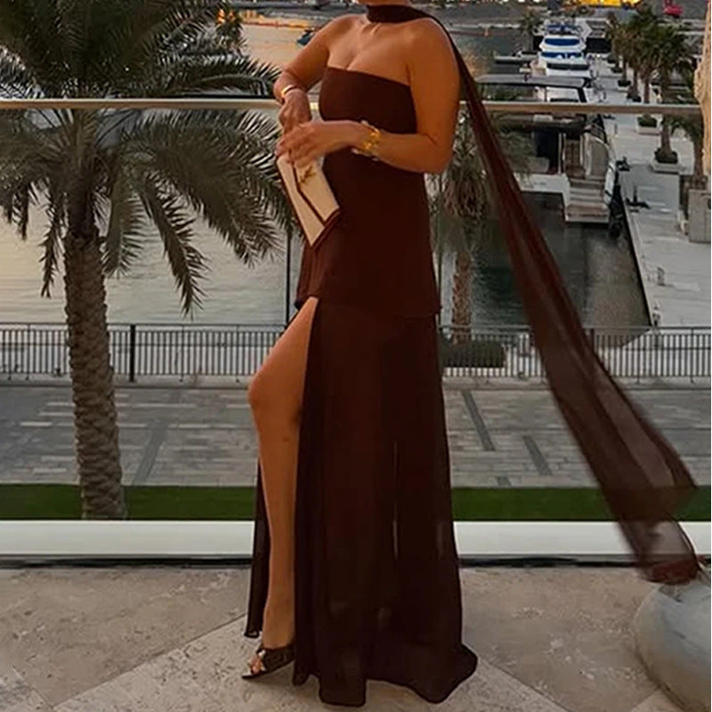 Damen Maxikleid Asymmetrisch Transparenter Überrock Schwarz - Eveloria