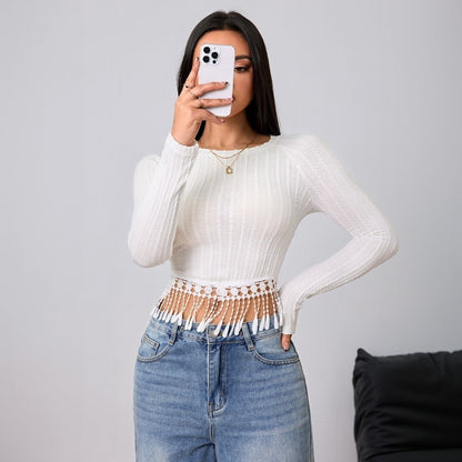 Damen Cropped Langarmshirt mit Fransen-Details - Eveloria