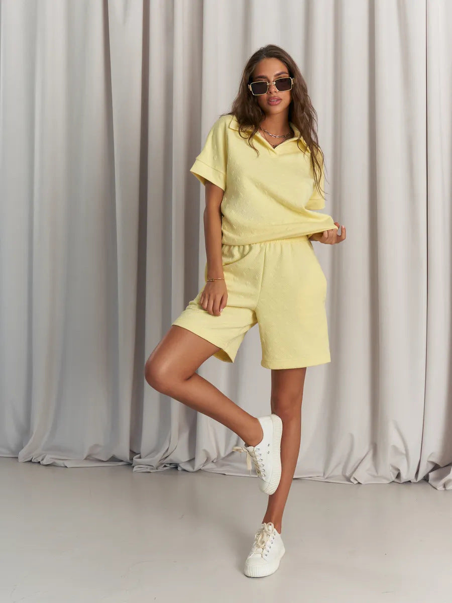 Damen Poloshirt Shorts-Set Strukturiertes Material