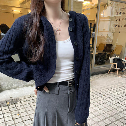 Damen Strickjacke Kapuze Knöpfe Beige