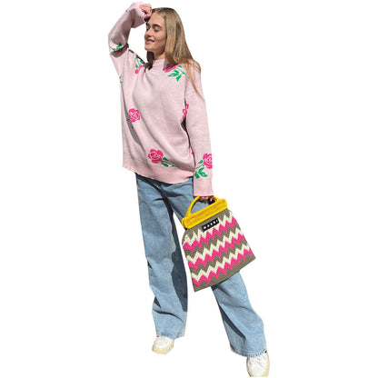 Damen Strickpullover Florales Design Lockere Passform
