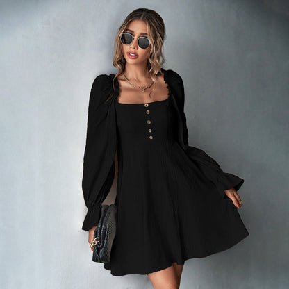 Damen Minikleid Puffärmel Knopfdetails Eveloria