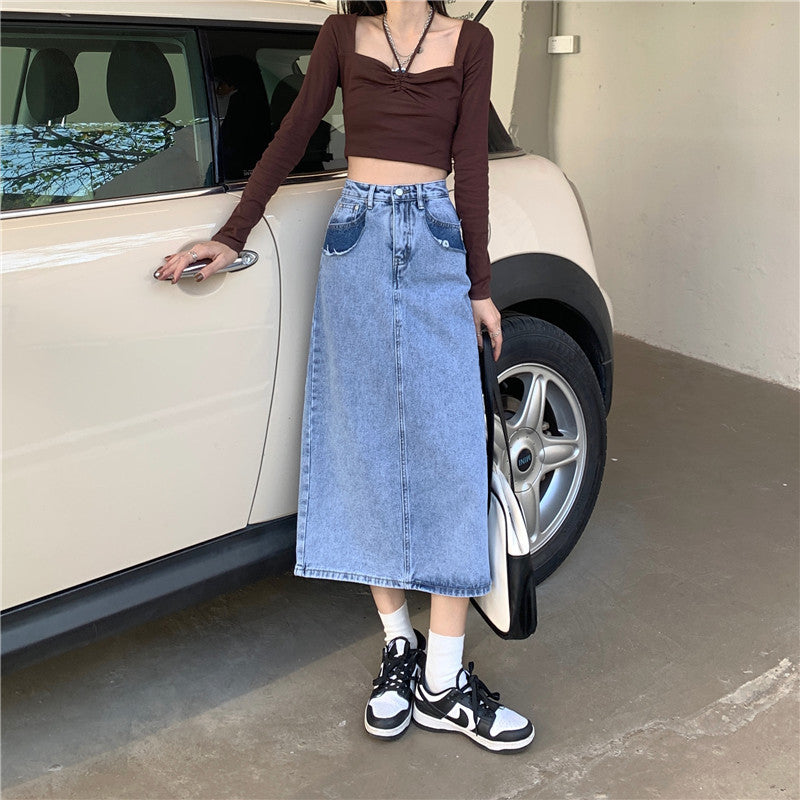 Damen Maxi Denimrock Hochtaillierter Bund Seitenschlitz Blau