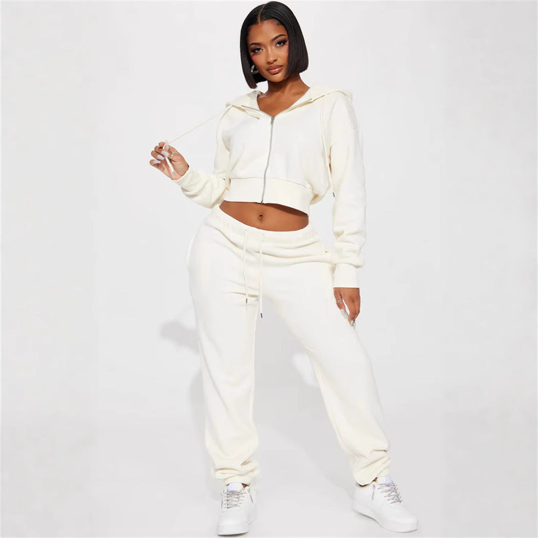 Damen Sweatset Cropped Hoodie Weite Hose Grau