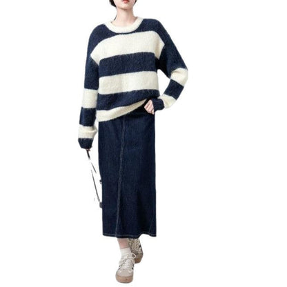 Damen Pullover Streifenmuster Kuschelstoff Beige