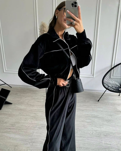 Damen Velours-Joggingset Hochkragen Reißverschluss Eveloria