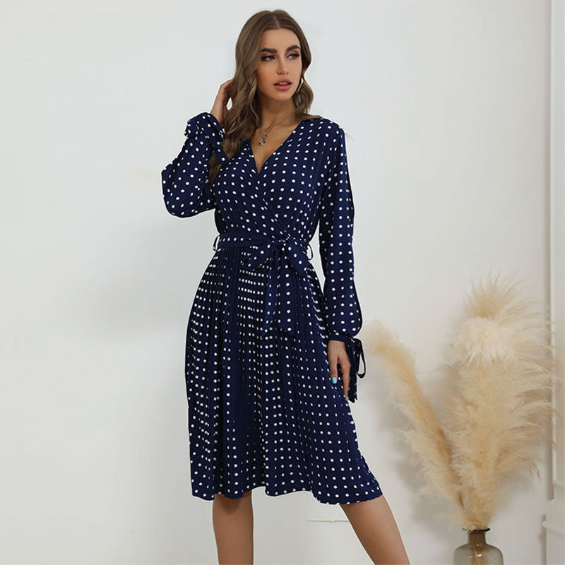 Damen Wickelkleid mit Punkten Taille Gürtel Eveloria