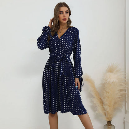 Damen Wickelkleid mit Punkten Taille Gürtel Eveloria