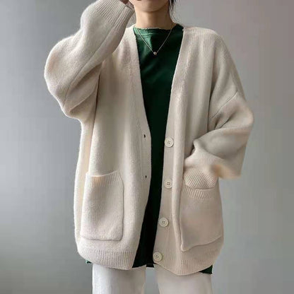 Eveloria Damen Strickjacke V-Ausschnitt Taschen Beige - Eveloria