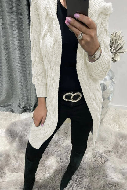 Damen Cardigan Grobstrick Zopfdesign Beige mit Taschen