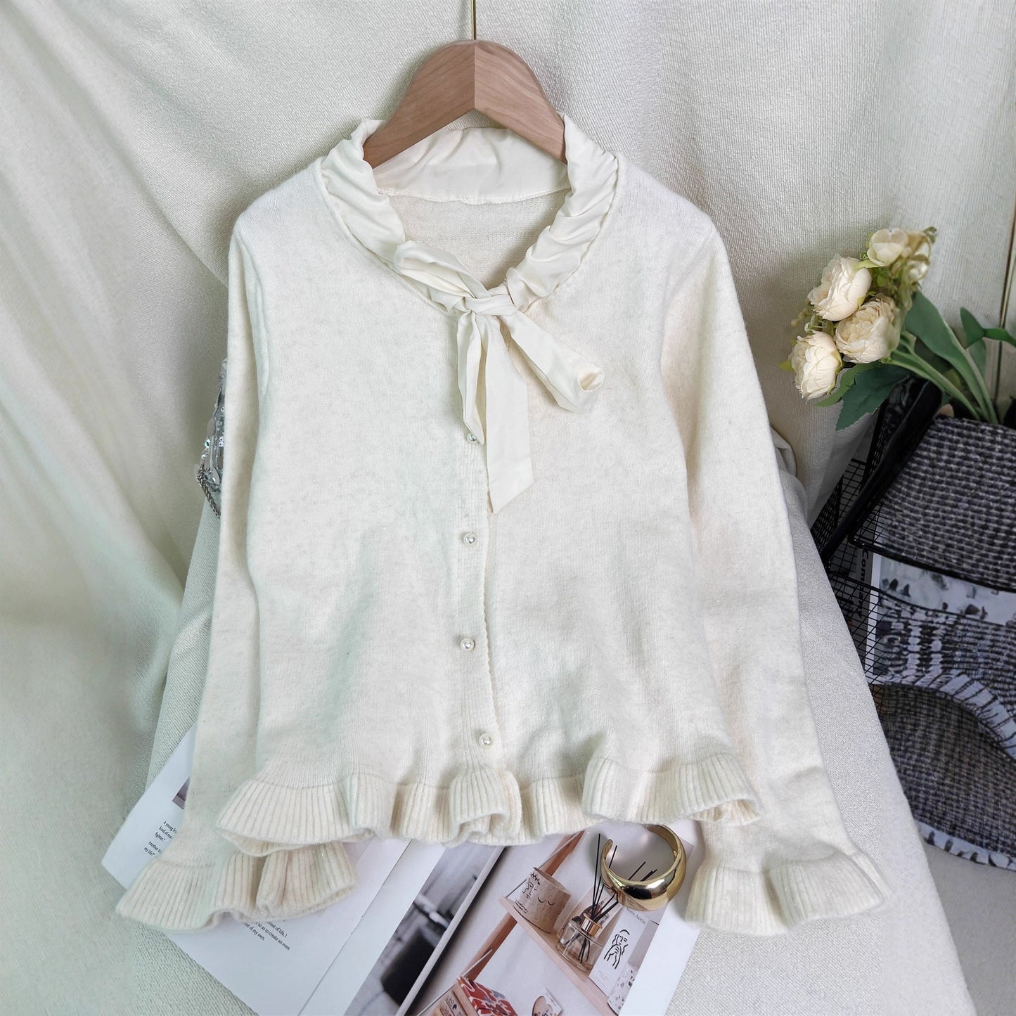 Damen Strickjacke Rüschen Schleifenkragen Elegante Eveloria - Eveloria