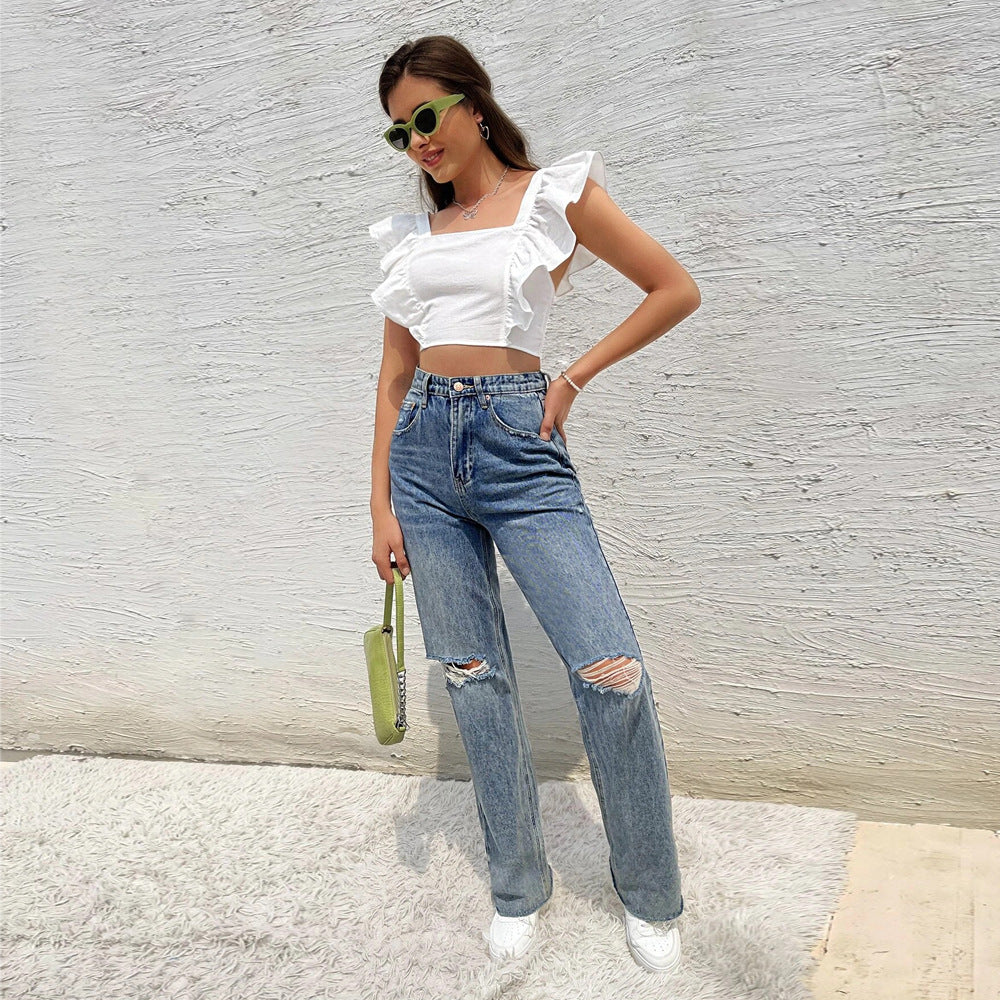 Damen Cropped Rüschendetails Quadrat-Ausschnitt