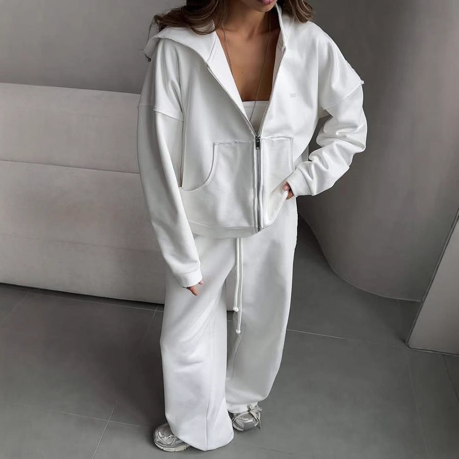 Damen Oversize Hoodie Jogginghose Set Baumwolle Beige